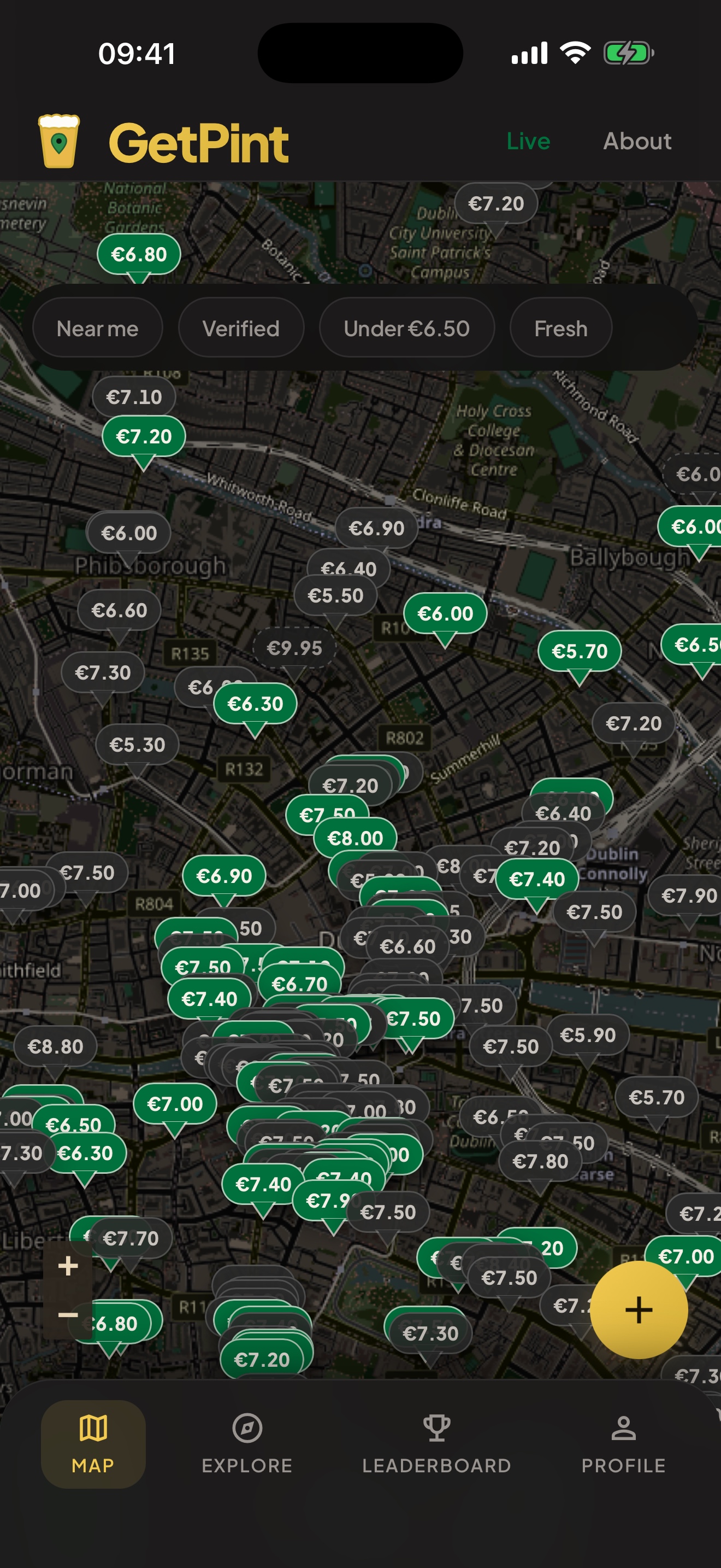 GetPint on iPhone, showing community-reported pint prices on a map of Dublin.